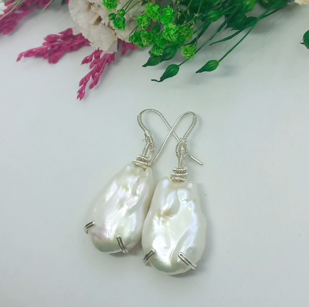 Üst kalite Barok İnci Gümüş el yapımı küpe B