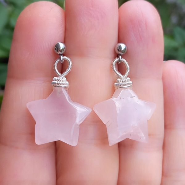 Yıldız pembe Kuvars el yapımı çelik aparatlı küpe Yıldız pembe Kuvars el yapımı çelik aparatlı küpe