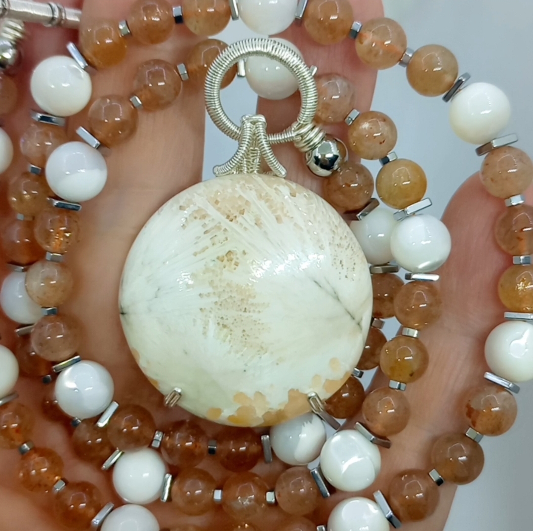 Scolocite Güneş taşı Sedef Hematit el yapımı kolye kız