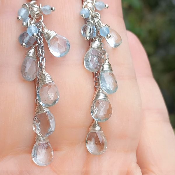 Faset kesim damla Akuamarin çelik aparatlı el yapımı küpe Faset kesim damla Akuamarin çelik aparatlı el yapımı küpe