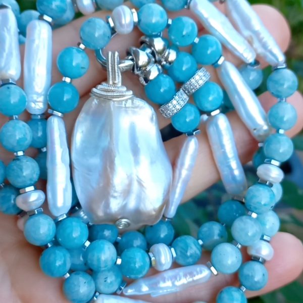 Amazonit doğal İnci el yapımı uzun kolye Amazonit doğal İnci el yapımı uzun kolye