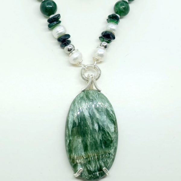 Serafinit Diopsit İnci Sedef el yapımı kolye b Serafinit Diopsit İnci Sedef el yapımı kolye b