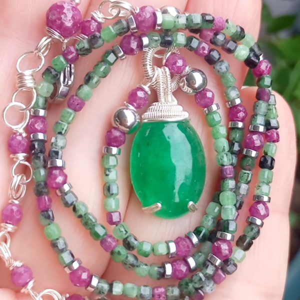 Yeşim Rubyzoisit Yakut Hematit el yapımı kolye