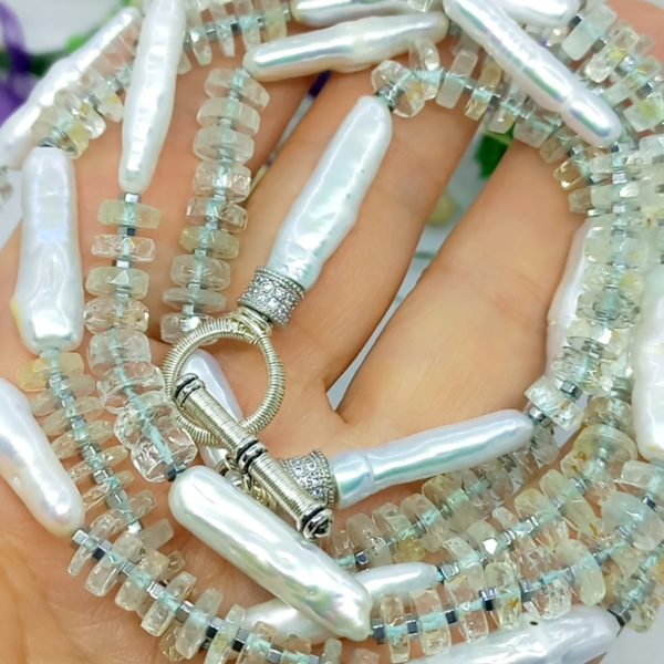 Doğal çubuk İnci Hindistan el kesimi rondela Akuamarin Hematit el yapımı uzun kolye