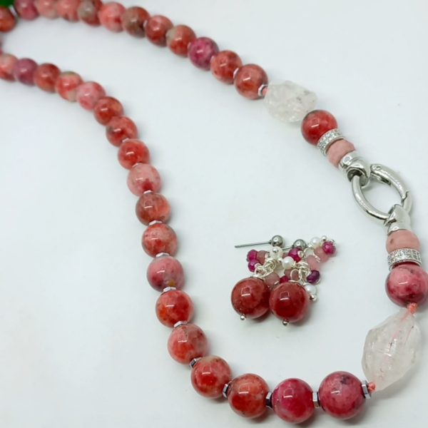 Rodonit Herkimer elmas Hematit Zirkon el yapımı kolye