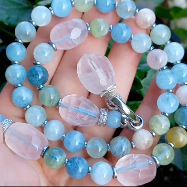 Akua Morganit Kuvars Zirkon Hematit el yapımı kolye