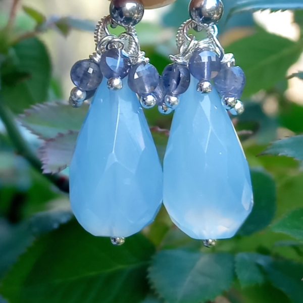 Kalsedon İyolit çelik aparatlı el yapımı küpe