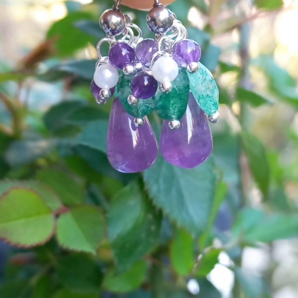 Ametist doğal İnci çilek Kuvars çelik aparatlı el yapımı küpe