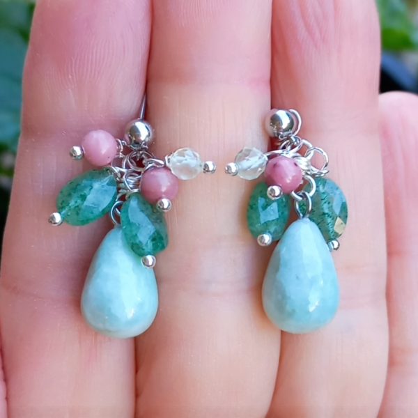 Larimar Rodonit Prinayt çilek Kuvars çelik aparatlı el yapımı küpe