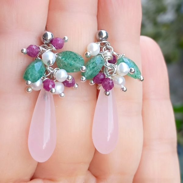 Kuvars Yakut çilek Kuvars doğal İnci el yapımı çelik aparatlı küpe