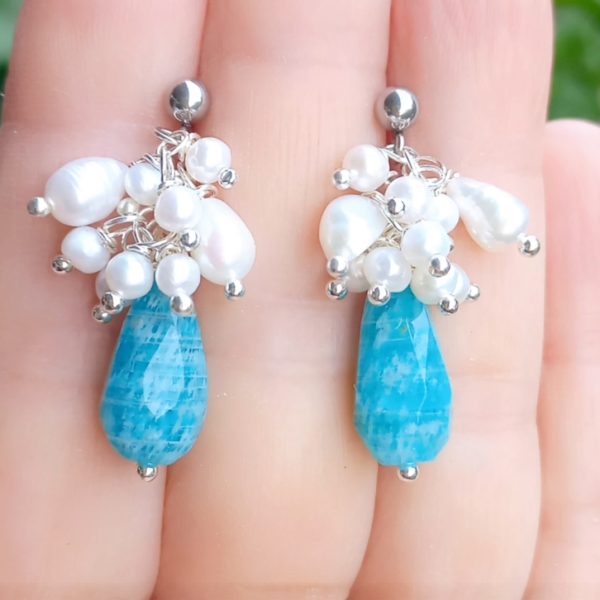 Amazonit doğal İnci el yapımı çelik aparatlı el yapımı küpe