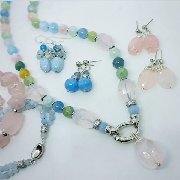 Akua Morganit Kuvars Zirkon Hematit el yapımı kolye