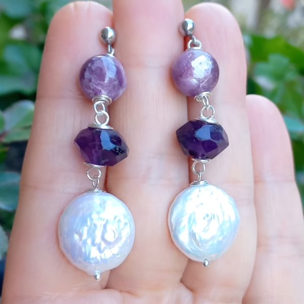 Doğal İnci Hindistan el kesimi Ametist Mika Lepidolit el yapımı çelik aparatlı küpe