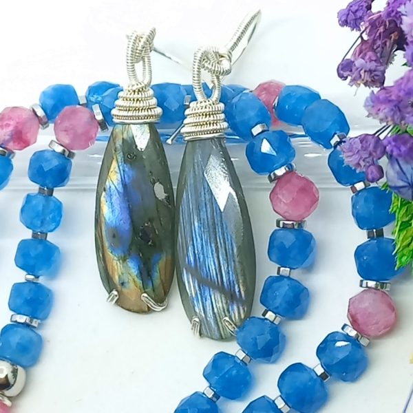 Faset kesim damla Labradorit el yapımı küpe