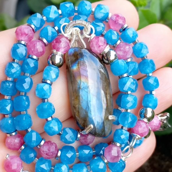 Labradorit Kuvars Hematit el yapımı kolye