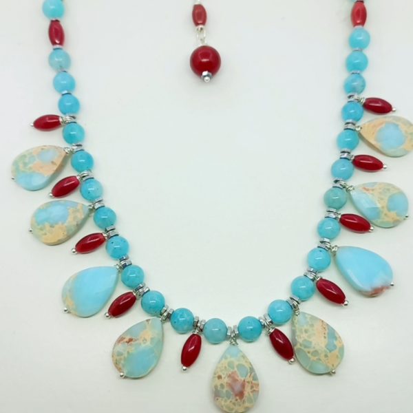 Varisit Amazonit Mercan Hematit el yapımı kolye