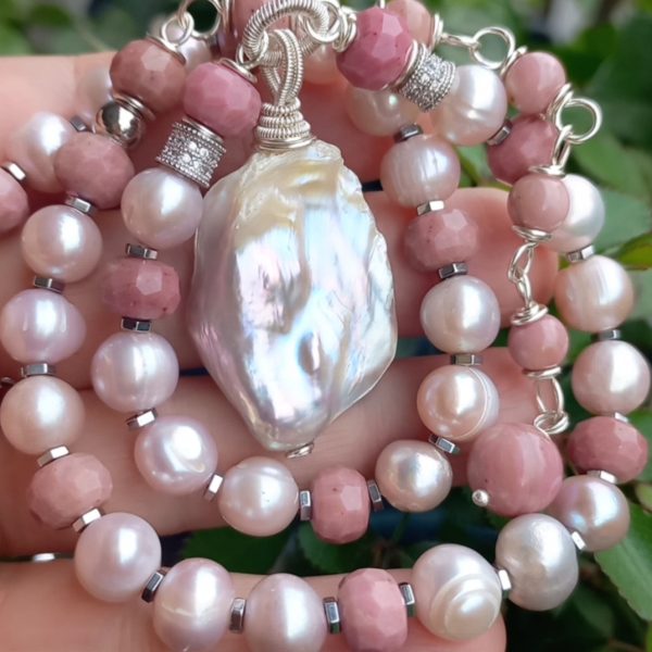 Doğal Barok ve pembe İnci Rodonit Hematit çelik aparatlı el yapımı kolye