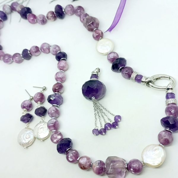 Mika Lepidolit Hindistan el kesimi Ametist doğal İnci Hematit el yapımı kolye