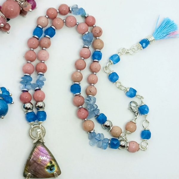 Labradorit Rodonit Akuamarin Kuvars çelik aparatlı el yapımı kolye