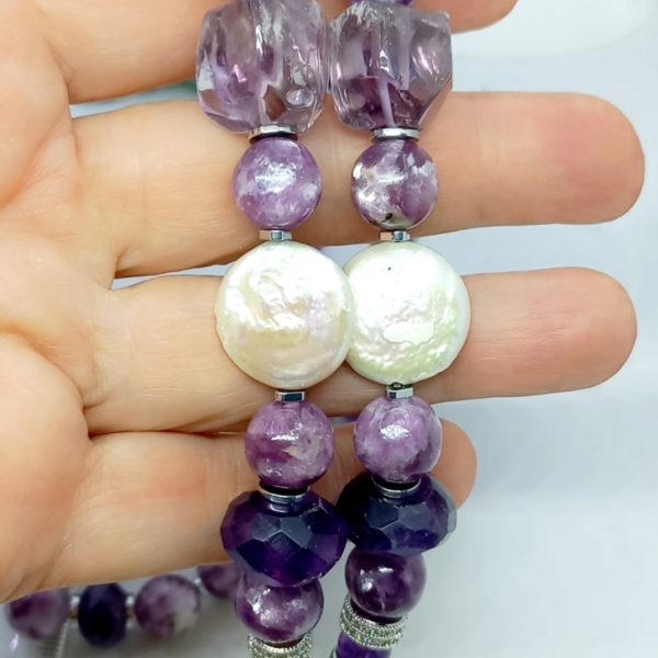 Mika Lepidolit Hindistan el kesimi Ametist doğal İnci Hematit el yapımı kolye