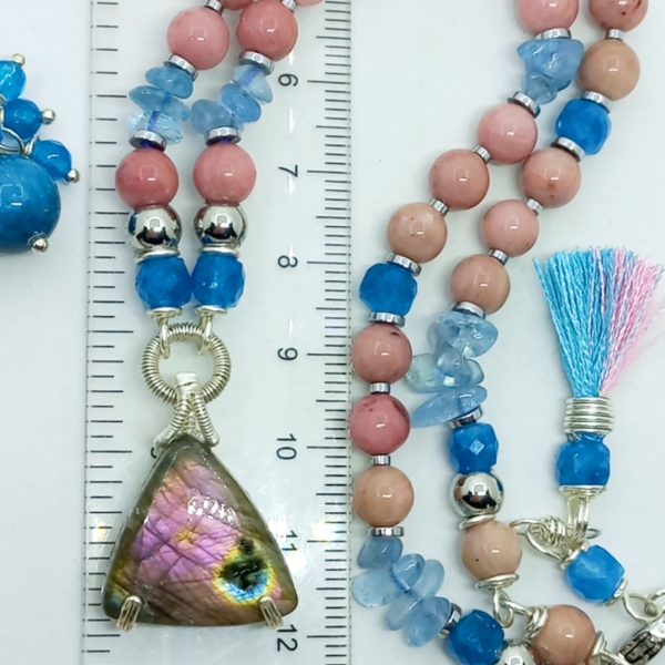 Labradorit Rodonit Akuamarin Kuvars çelik aparatlı el yapımı kolye