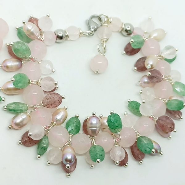 Pembe ve yeşil Kuvars doğal İnci çelik aparatlı el yapımı bileklik