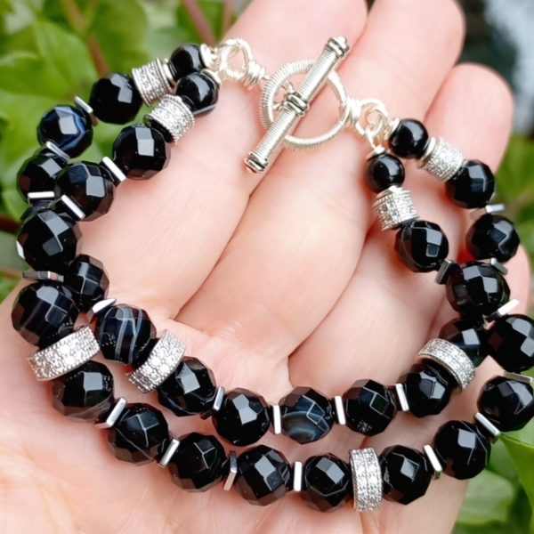Siyah Akik Zirkon Hematit el yapımı iki sıralı bileklik