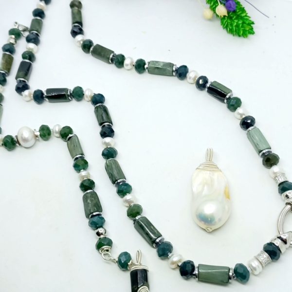 2732 Barok İnci Seraphinite Akik Hematit Zirkon el yapımı kolye