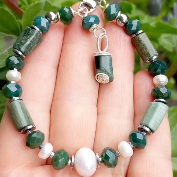 Seraphinite Akik doğal İnci Hematit çelik aparatlı el yapımı bileklik