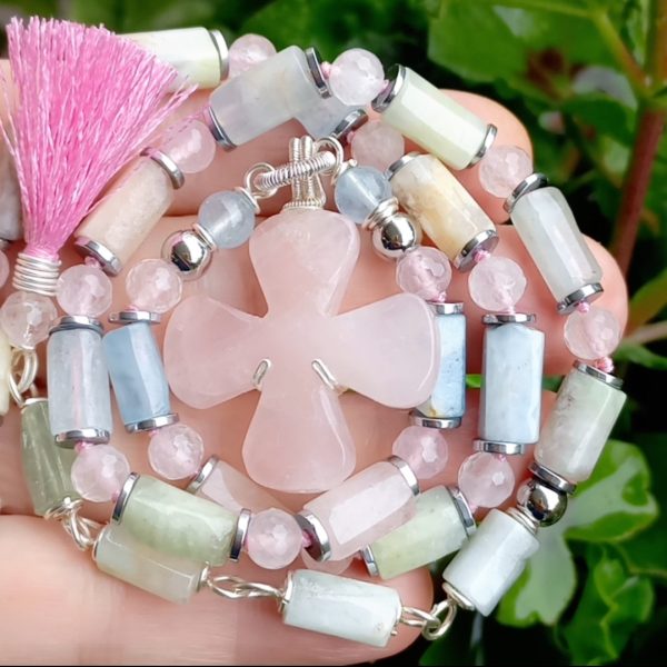 Pembe Kuvars Morganit Akuamarin Hematit çelik aparatlı el yapımı kolye