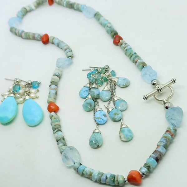 Hindistan el kesimi Larimar Ham Topaz bambu Mercan Hematit el yapımı kolye