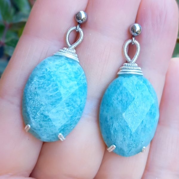 Amazonit el yapımı çelik aparatlı küpe