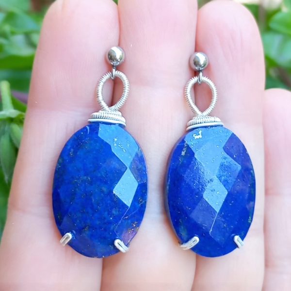 Lapislazuli el yapımı çelik aparatlı küpe