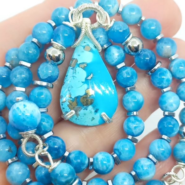 İran Firuze Apatit Hematit çelik aparatlı el yapımı kolye