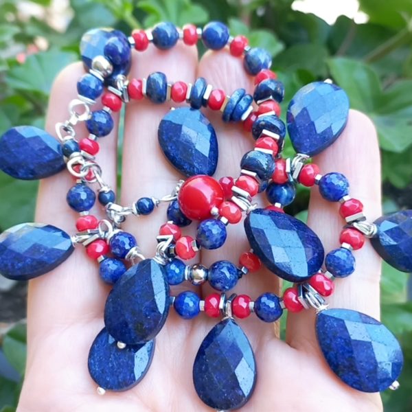 Lapislazuli Mercan Hematit çelik aparatlı el yapımı kolye