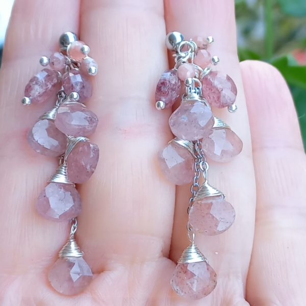 Damla çilek Kuvars Rodokrozit çelik aparatlı el yapımı küpe