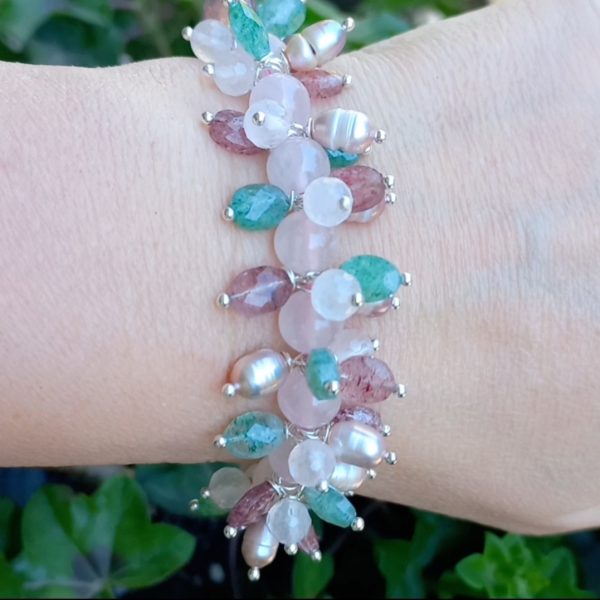 Pembe ve yeşil Kuvars doğal İnci çelik aparatlı el yapımı bileklik