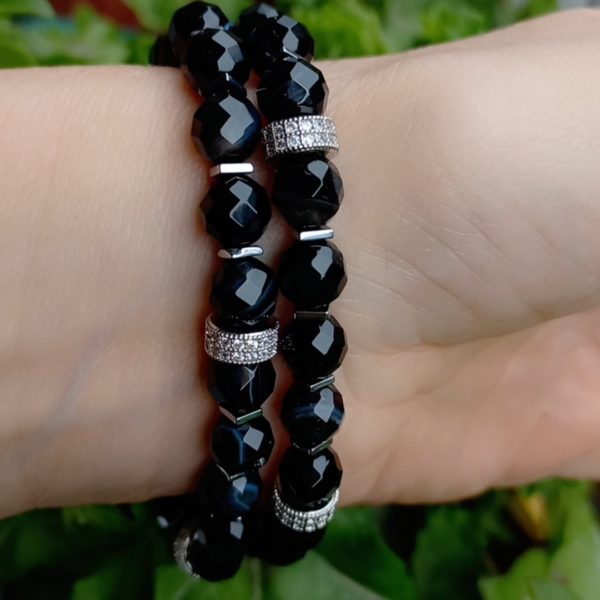 Siyah Akik Zirkon Hematit el yapımı iki sıralı bileklik