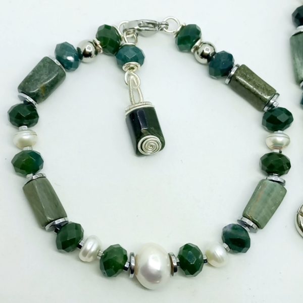 Seraphinite Akik doğal İnci Hematit çelik aparatlı el yapımı bileklik