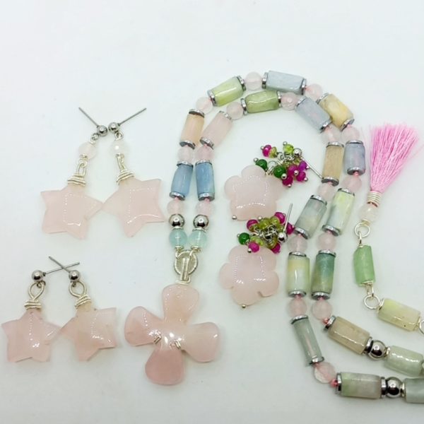 Pembe Kuvars Morganit Akuamarin Hematit çelik aparatlı el yapımı kolye