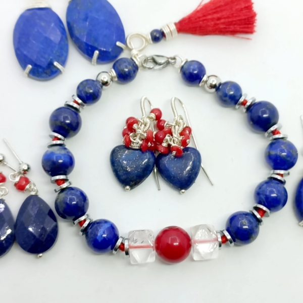 Lapislazuli Mercan kristal Kuvars Hematit düğümlü el yapımı bileklik