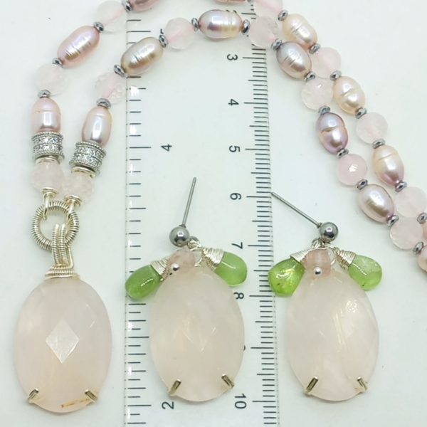 Pembe Kuvars ve doğal İnci Zirkon Hematit el yapımı kolye
