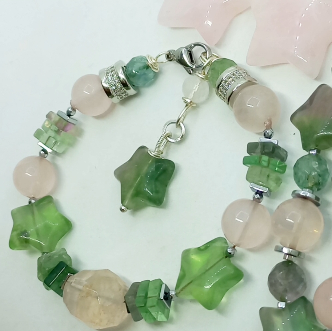 Florit Kuvars Hematit Zirkon çelik aparatlı el yapımı bileklik