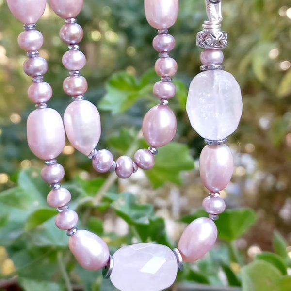 Doğal pembe İnci Kuvars Zirkon Hematit el yapımı uzun kolye