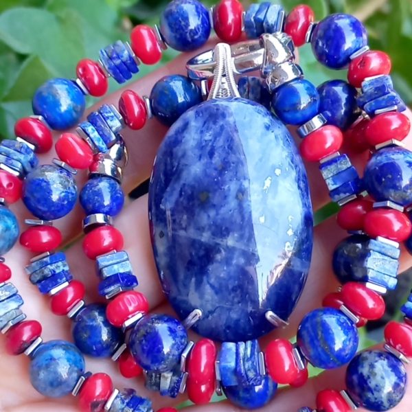 Sodalit Lapislazuli Mercan Hematit portatif uçlu el yapımı kolye