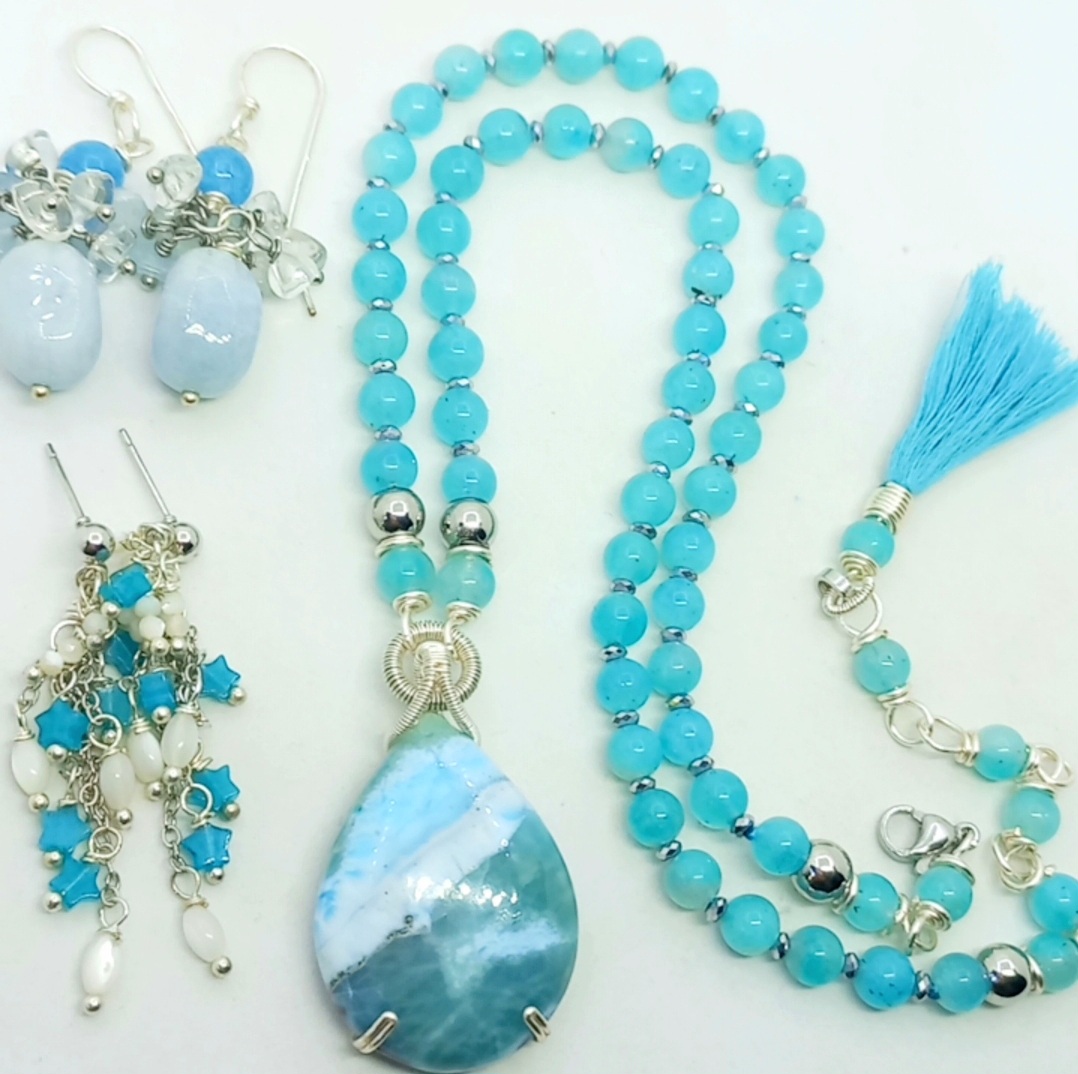 Larimar Amazonit Hematit el yapımı kolye